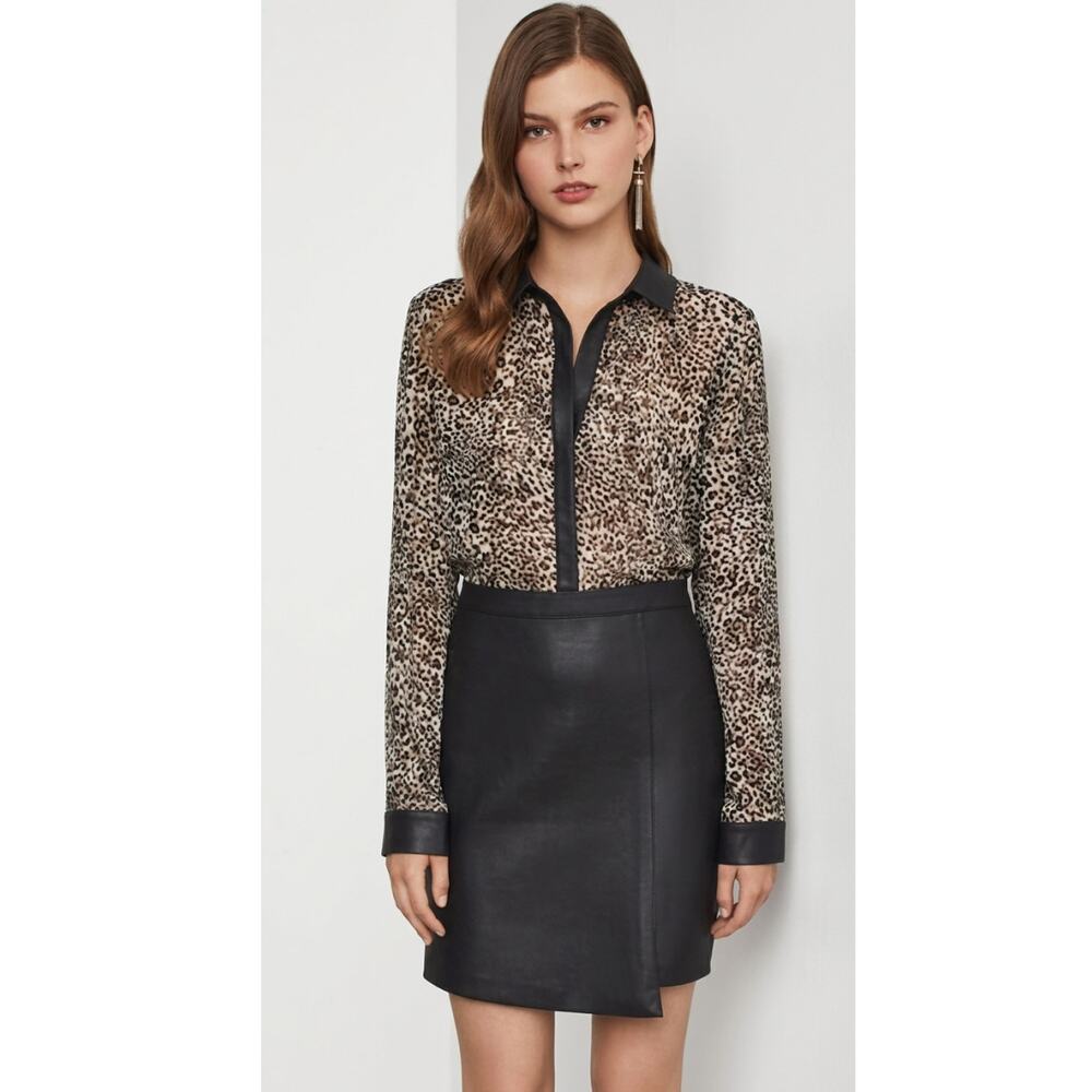 BCBGMAXAZRIA Faux Leather Animal Print Shirt Dress Sheer Long Sleeve Mixed Media